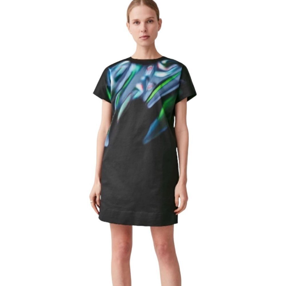 COS Black Shift Dress with Blue and Green Abstract Print